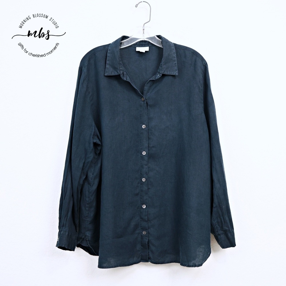 J. Jill Linen Point Collar Coastal Minimalist Button‎ Front Shirt Navy Women L